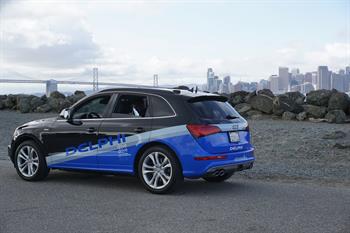 Delphi autonomous-driving-vehicle-parked-with-san-francisco-in-background
